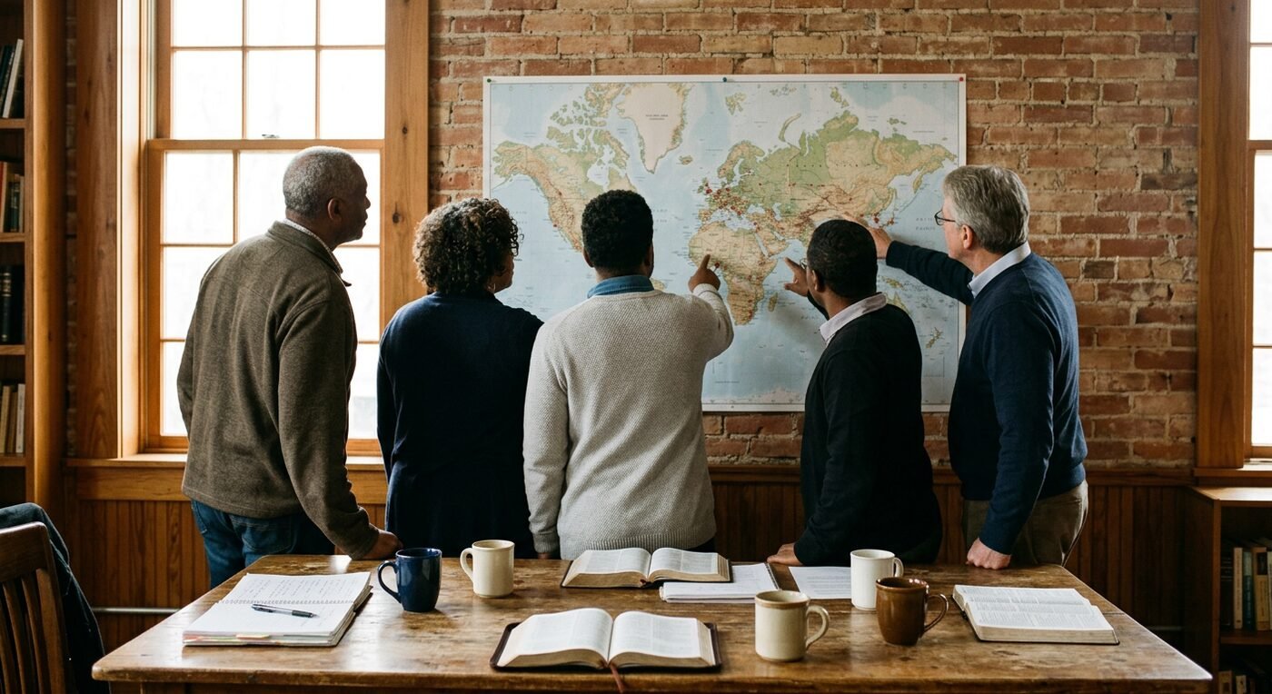Líderes de igreja reunidos em volta de um mapa-múndi